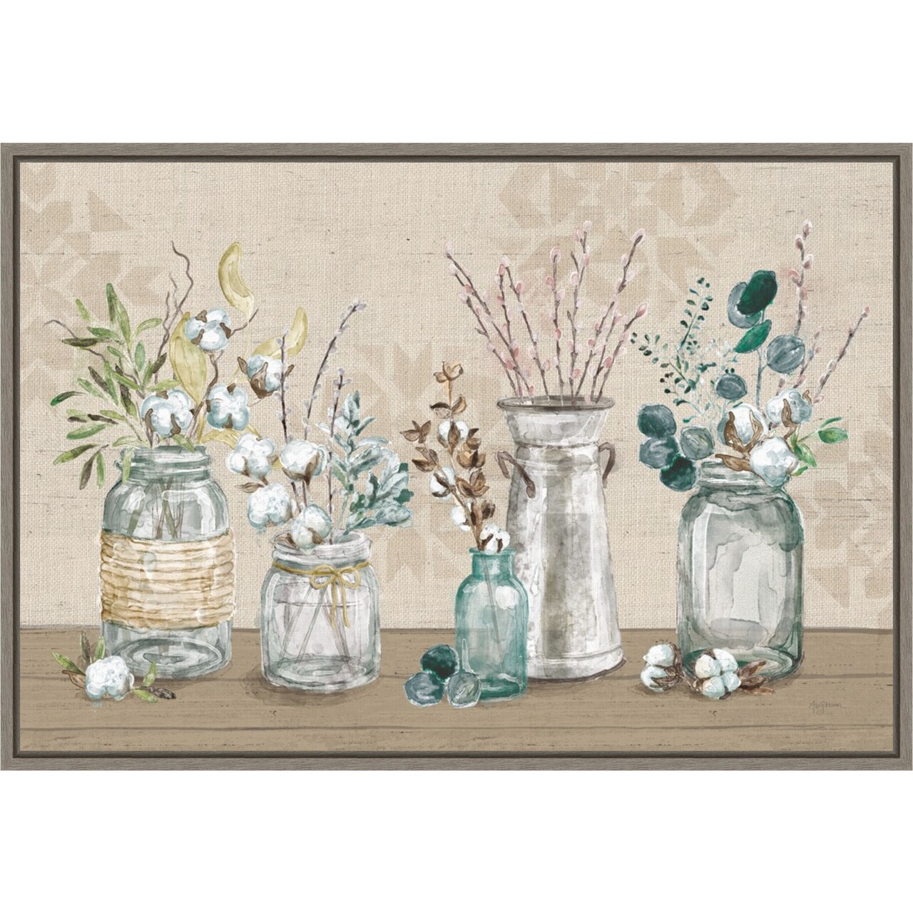 Cotton Bouquet in Vases I by Mary Urban 23-in. W x 16-in. H. Canvas Wall Art Print Framed in Grey